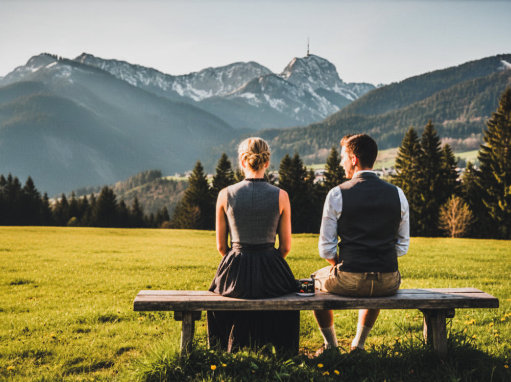 Ein Mann und eine Frau in Tracht auf einer Bank vor einem Bergpanorama 